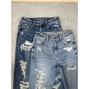 American Eagle Outfitters Distressed Light Blue & Dark Blue Ankle Jeans